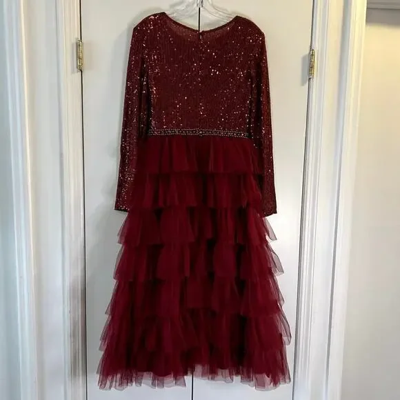 Mac Duggal 26299 Long Sleeve Ruffle Tiered Midi Dress Wine Red size 4